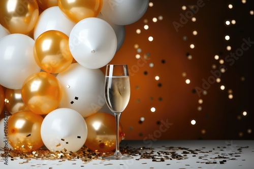 A festive background image featuring a glass of champagne, balloons, and confetti against a blurred background, creating a lively and celebratory atmosphere. Photorealistic illustration