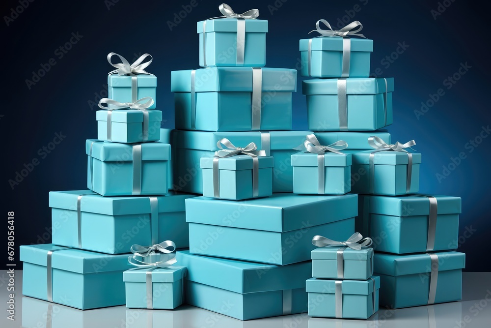 many blue turquoise gift boxes with a bow on monocolor blue background. many blue turquoise gift boxes with a bow on monocolor blue background.