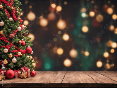 An unfilled display area accompanied by the festive allure of a Christmas tree and decorations, awaiting your product montage
