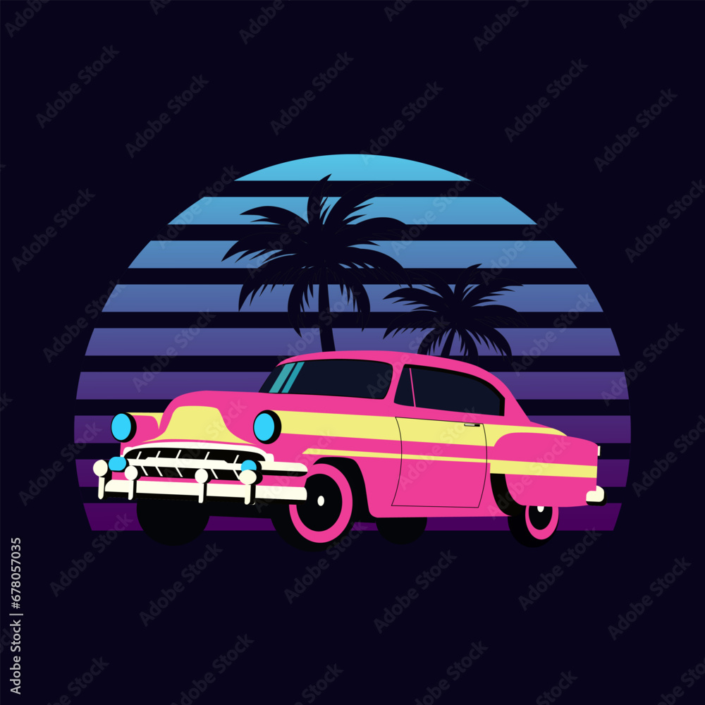 Car in retro neon style. Vector illustration.