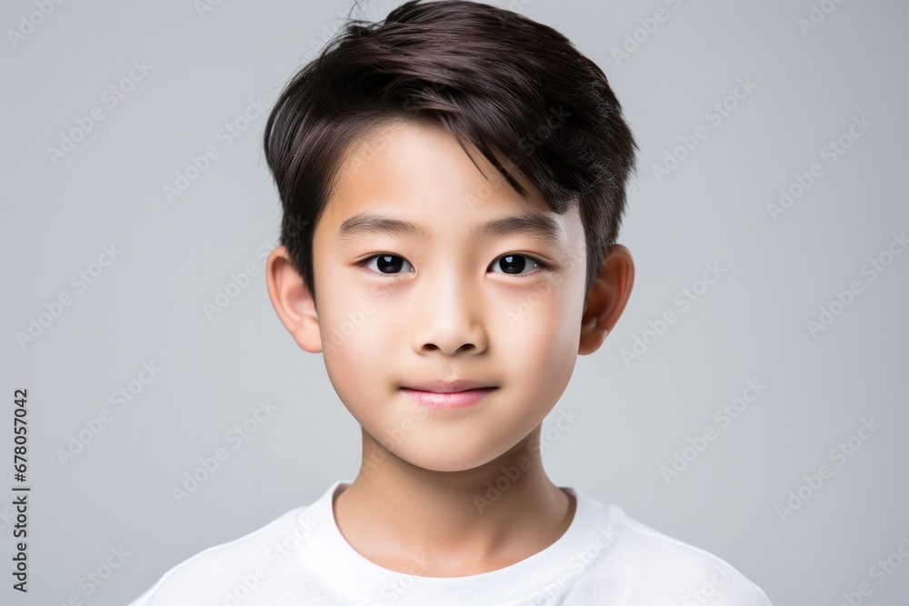 Portrait of a smiling young boy with a neat hairstyle, wearing a white t-shirt against a light background. Portrait of a smiling young boy with a neat hairstyle, wearing a white t-shirt against a light background.