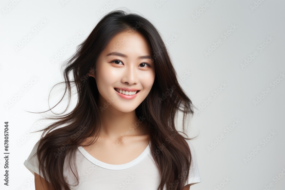 Portrait of a smiling young Asian woman with flowing hair on a light background.