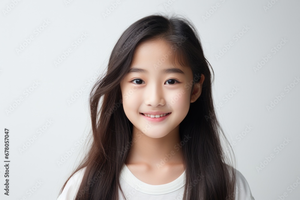 Portrait of a smiling young Asian woman with flowing hair on a light background. Portrait of a smiling young Asian woman with flowing hair on a light background.