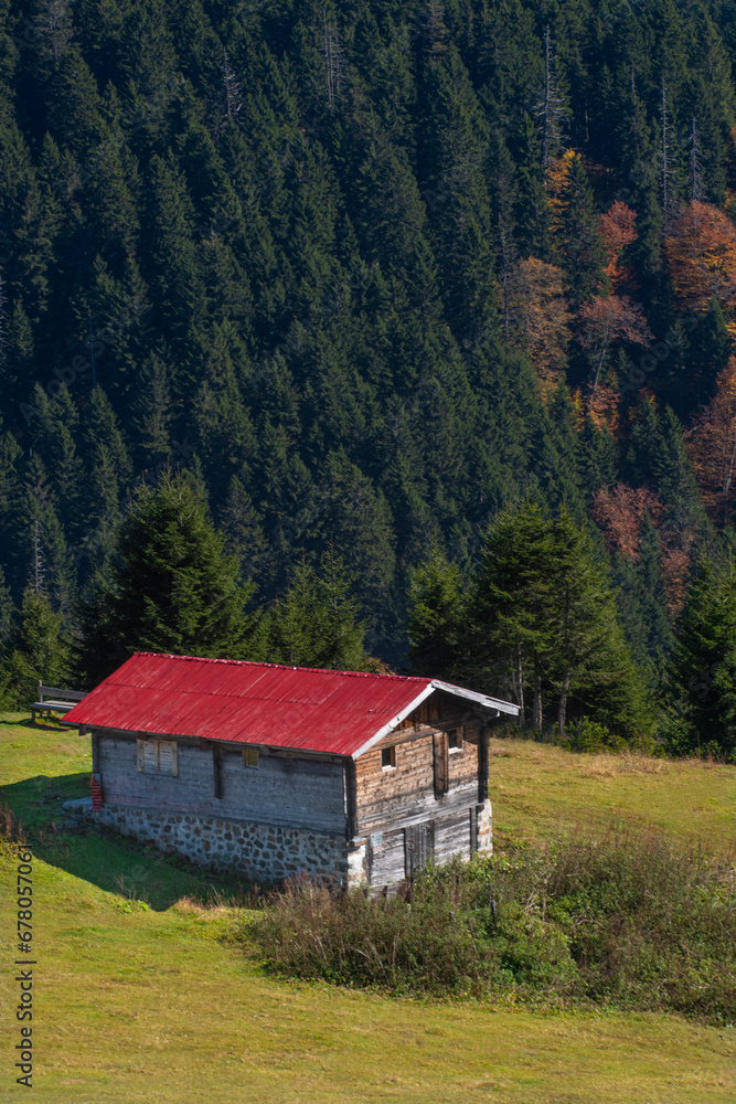 Highland houses made of stone and wood. Wooden plateau houses built on the hill. Historical highland houses. Sal Plateau Rize. Wooden plateau houses in Turkey. Sal Plateau Rize Türkiye.	