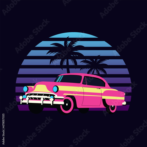 Car in retro neon style. Vector illustration.
