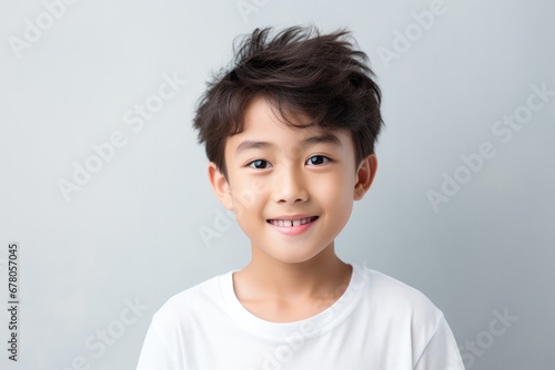 Portrait of a smiling young boy with a neat hairstyle, wearing a white t-shirt against a light background.