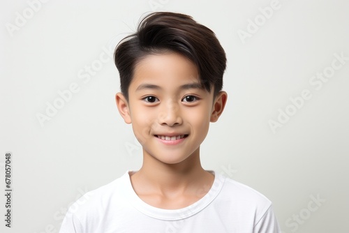 Portrait of a smiling young boy with a neat hairstyle, wearing a white t-shirt against a light background.