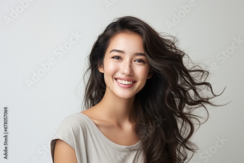 Portrait of a smiling young Asian woman with flowing hair on a light background.