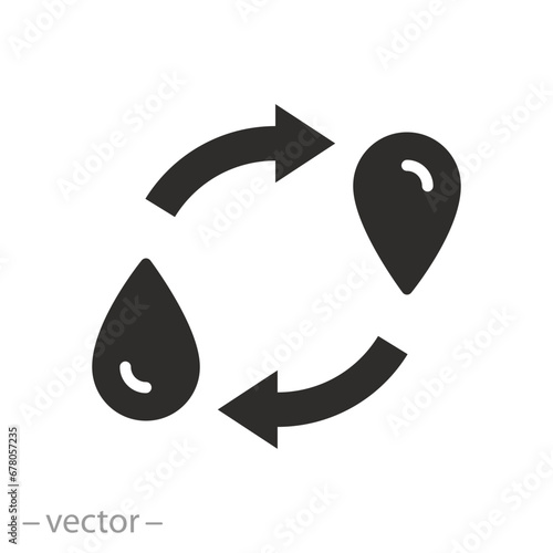 circle arrow with two drops icon, circulation liquid, the process of mixing or diluting, flat symbol - editable stroke vector illustration