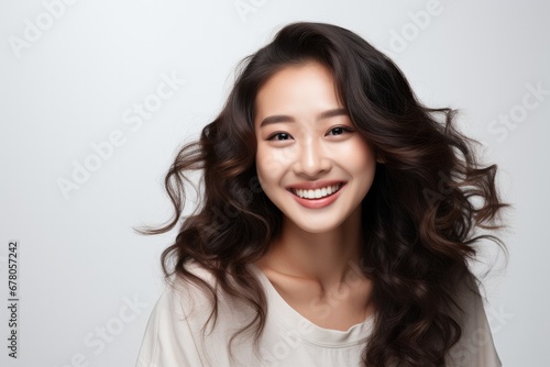 Portrait of a smiling young Asian woman with flowing hair on a light background. © Leli