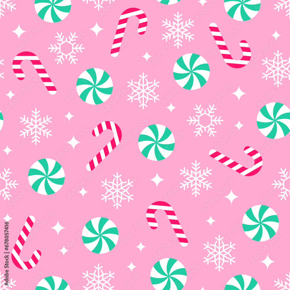 Candy and snowflake seamless pattern for Christmas and new year background.