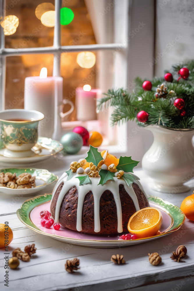 On the white wooden windowsill, a light pastel Christmas pudding in cream with a golden decor. In the background there is a beautiful winter window and festive candlelight. On the white wooden windowsill, a light pastel Christmas pudding in cream with a golden decor. In the background there is a beautiful winter window and festive candlelight.
