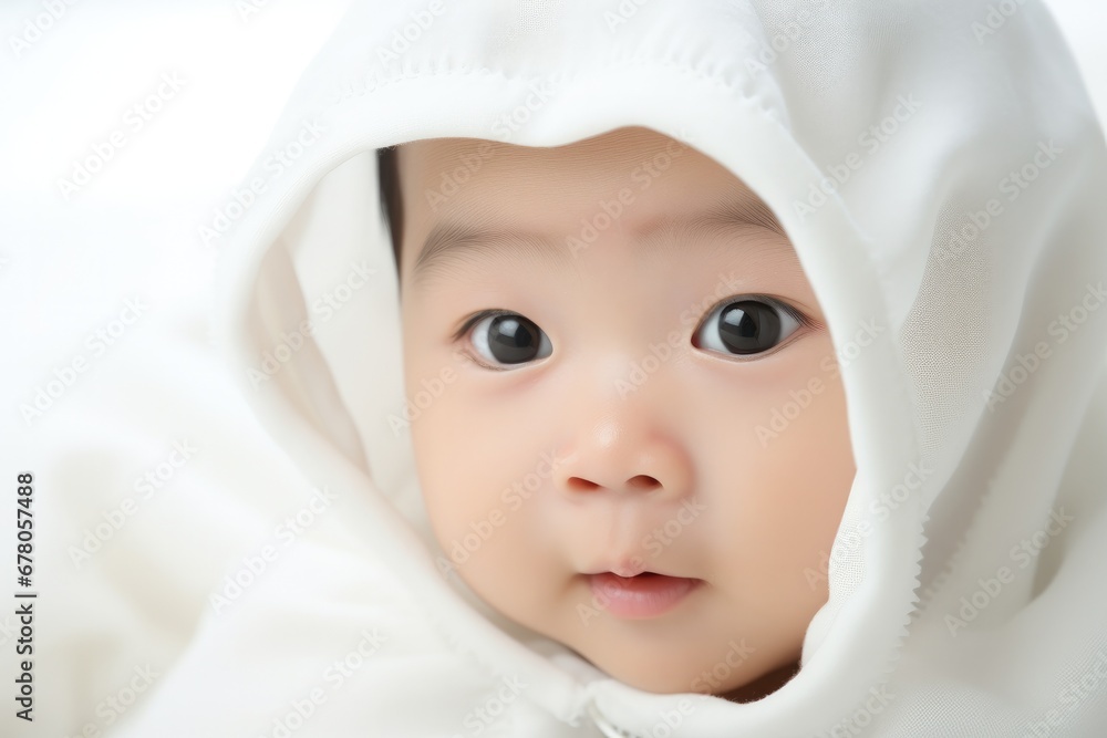 Adorable baby with big eyes peeking out from a white blanket, with a look of curiosity. Adorable baby with big eyes peeking out from a white blanket, with a look of curiosity.