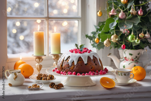 On the white wooden windowsill, a light pastel Christmas pudding in cream with a golden decor. In the background there is a beautiful winter window and festive candlelight. photo