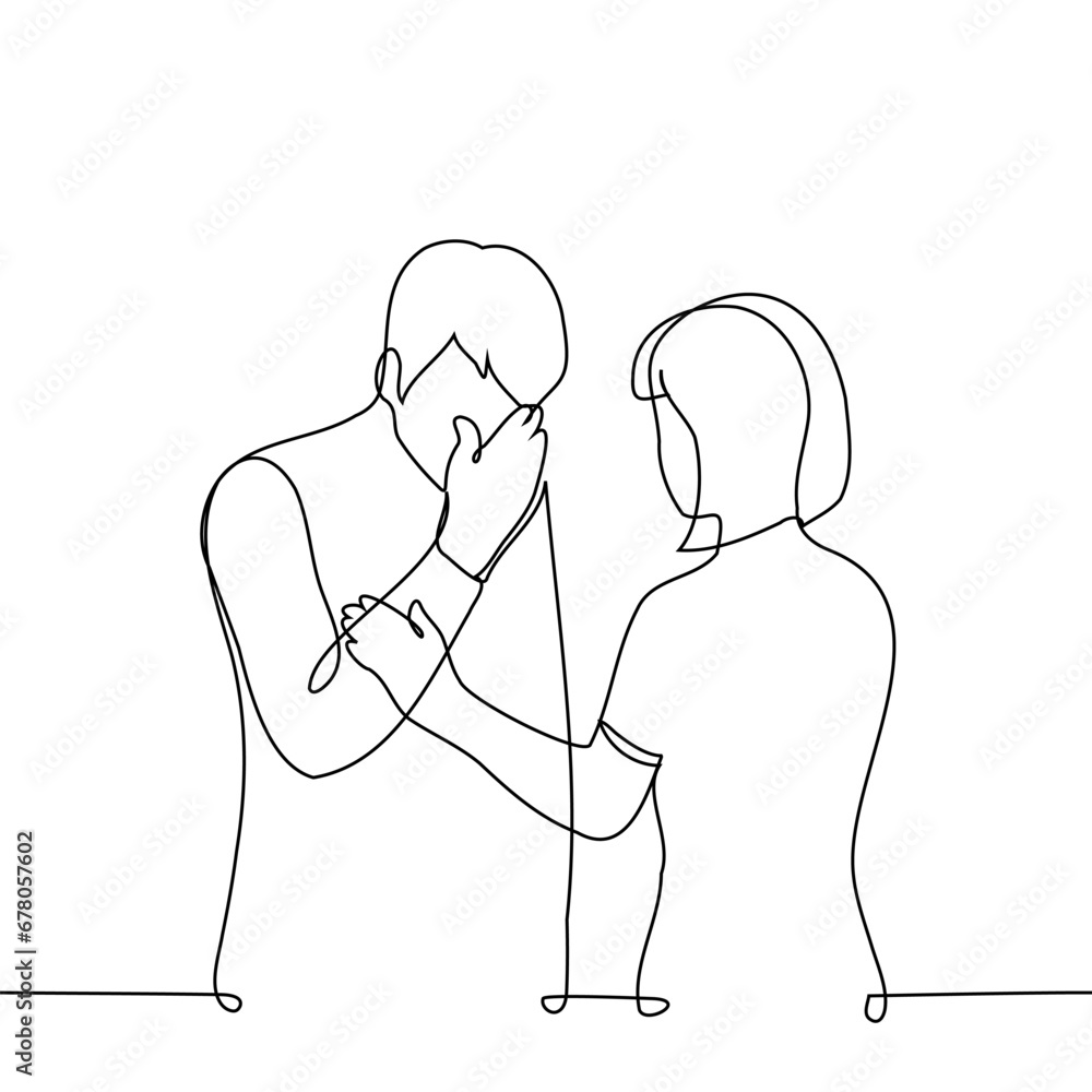 man is crying or holding back his tears and woman is comforting him ...