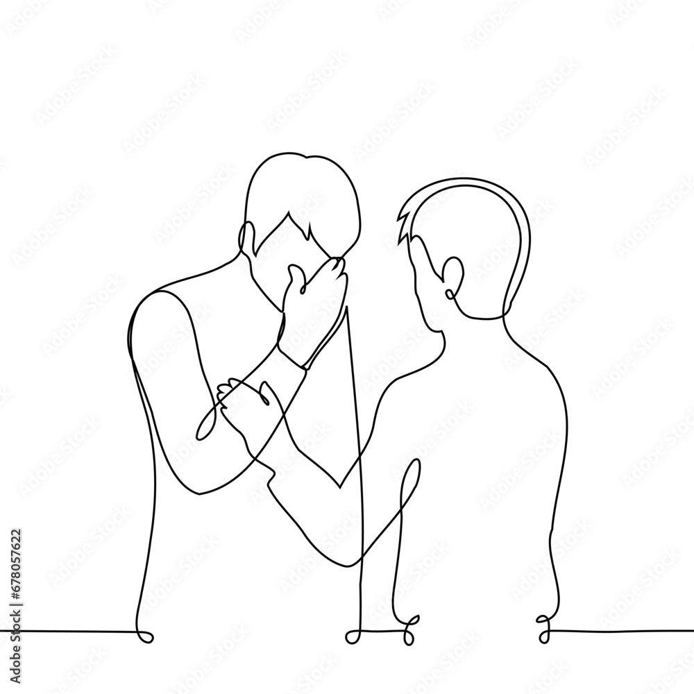 man is crying or holding back his tears and the other one is comforting ...