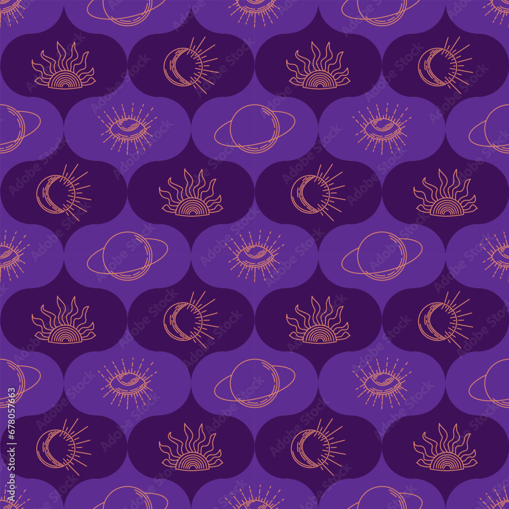 Purple outline seamless pattern with mystery items. Duotone contour esoteric elements. Print design good for background, wrapping, textile, background, scrapbooking, stationary