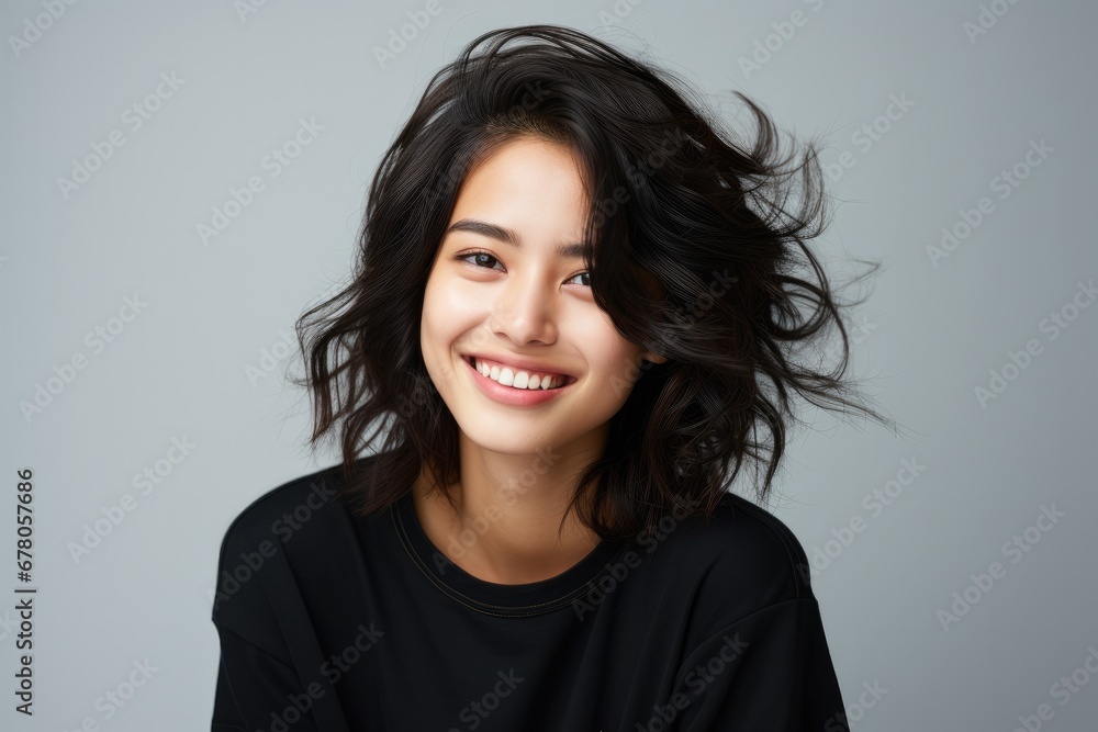 Portrait of a smiling young Asian woman with flowing hair on a light background. Portrait of a smiling young Asian woman with flowing hair on a light background.
