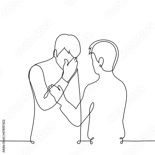 man is crying or holding back his tears and the other one is comforting him - one line art vector. concept male support, emotional intimacy