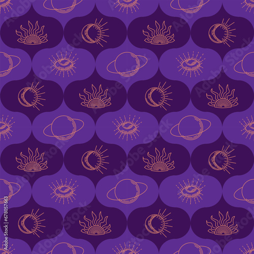 Fototapeta Naklejka Na Ścianę i Meble -  Purple outline seamless pattern with mystery items. Duotone contour esoteric elements. Print design good for background, wrapping, textile, background, scrapbooking, stationary