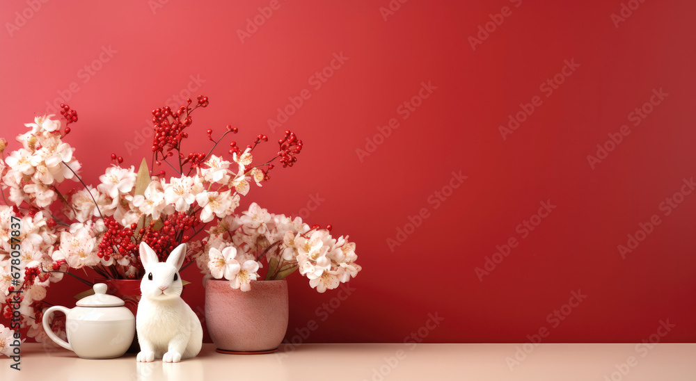 rabbit and flowers on Chinese new year red background