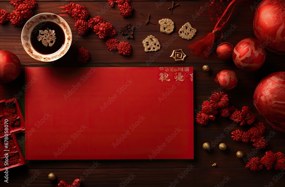 Chinese new year red ornament wallpaper - obrazy, fototapety, plakaty 