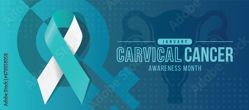 Cervical Cancer Awareness Month text and teal white cancer awareness ribbon on famale symbol and uterus sing texture background vector design photo