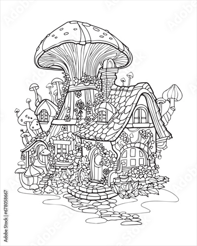 Forest fairytale house, black and white coloring, vector