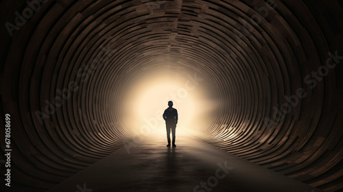 Silhouette of a man walking through a tunnel.