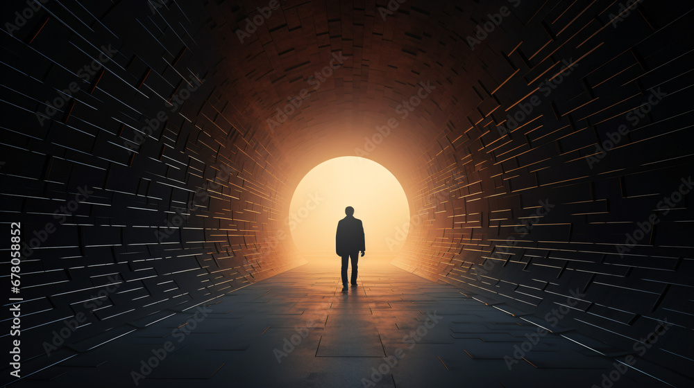 Naklejka premium Silhouette of a man walking through a tunnel.