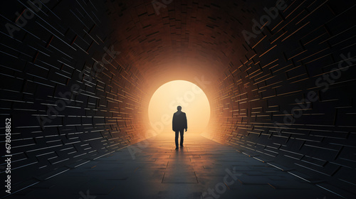 Silhouette of a man walking through a tunnel. photo