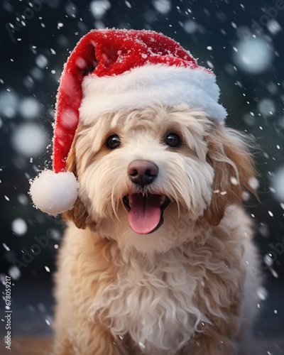 Cute dog in Santa Claus hat with snowfall on background. © Obsidian