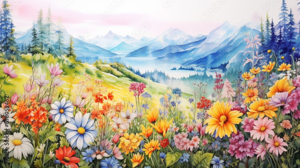 Beautiful spring nature landscape with flowers and mountains. Watercolors art drawings. Beautiful spring nature landscape with flowers and mountains. Watercolors art drawings.