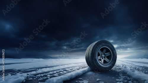 Tire in the snow with copy space created with Generative AI technology © Laughing Cat