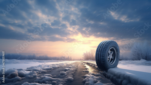 Tire in the snow with copy space created with Generative AI technology