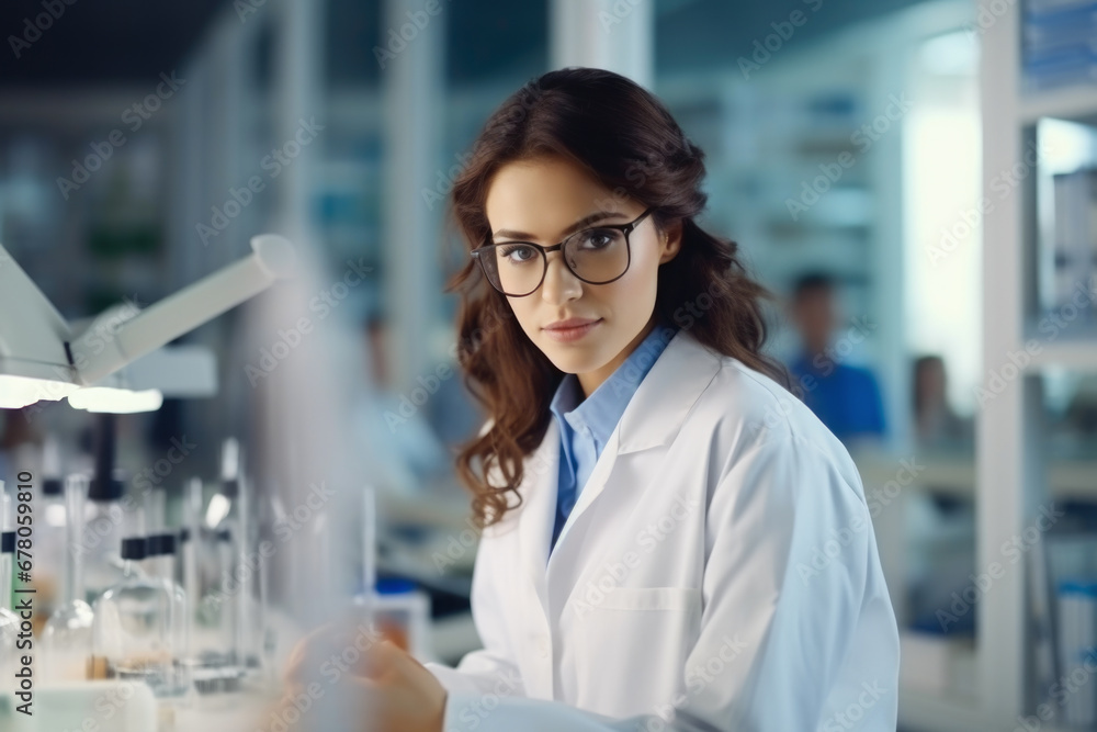 Focused female scientist in laboratory setting Focused female scientist in laboratory setting