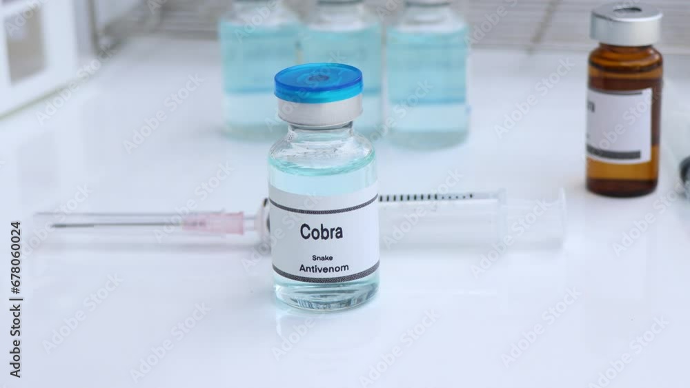 Cobra, Snake antivenoms in a vial, Serum for injection to prevent venom from snake bites, laboratory background Cobra, Snake antivenoms in a vial, Serum for injection to prevent venom from snake bites, laboratory background