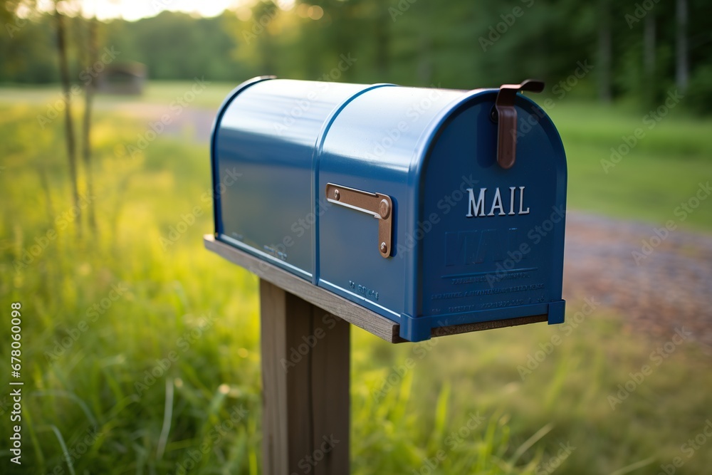 Blue mailbox by the road with a blurred background. Generated by artificial intelligence Blue mailbox by the road with a blurred background. Generated by artificial intelligence