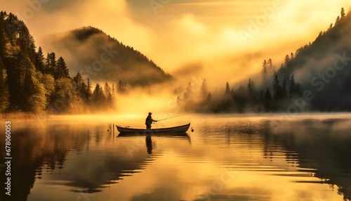 Fotografia A fisherman with his fishing rod, aboard a small rowing boat, fishing in the waters of a beautiful mountain lake with morning fog at dawn, orange and black fantasy landscape with pine forest