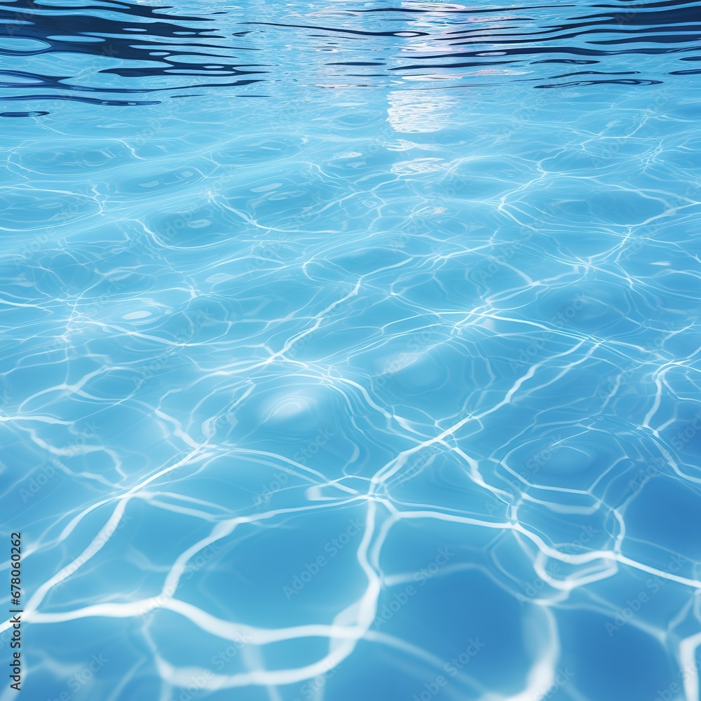 Clear blue water in a pool, with sunlight shining through and creating a beautiful reflection.