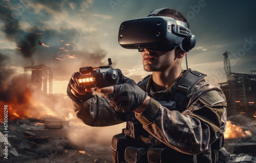 Soldier controlling fpv quadcopter drone, wearing a VR headset, modern future virtual reality warfare photo