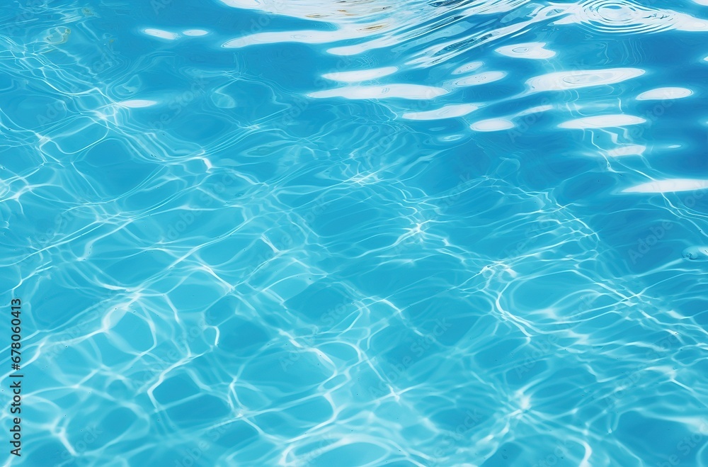 Clear blue water in a pool, with sunlight shining through and creating a beautiful reflection.