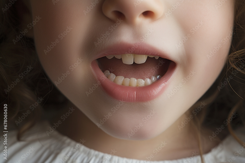 Midsection of unrecognizable small girl indoors, loosing baby tooth Midsection of unrecognizable small girl indoors, loosing baby tooth