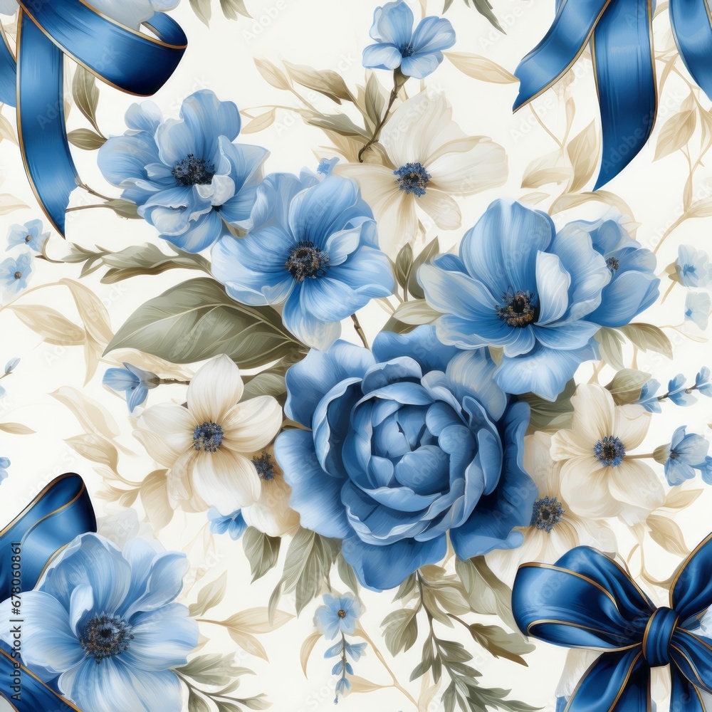 background with white flowers and blue ribbons , generated by AI