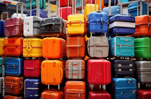 Multicolor packed suitcases on airport background. Travel concept.