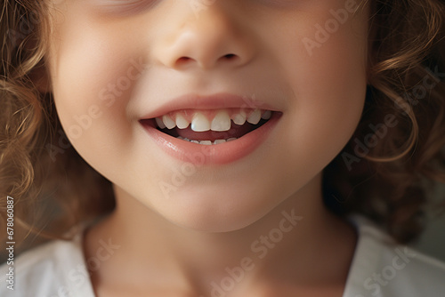 Midsection of unrecognizable small girl indoors  loosing baby tooth