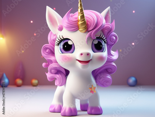 A cute cartoon unicorn figurine stands on a gift box on a pink background. Gifts for the girl on a holiday: birthday, Christmas, International Women's Day, Valentine's Day © Ruslan Gilmanshin