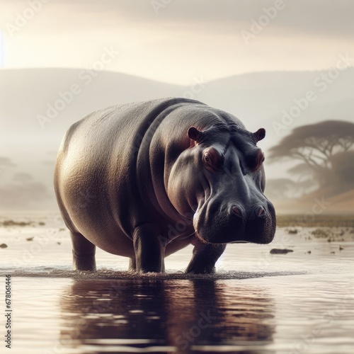 hippopotamus in water and fog