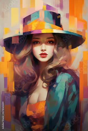 painting with a woman in colorful colors wearing a hat , generated by AI