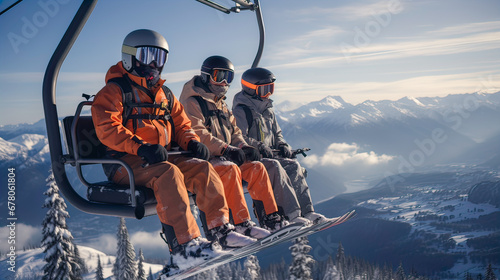 Generative AI illustration of skiers in protective gear riding a ski lift over snow-covered mountains, with a panoramic view of the valley below photo